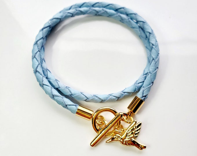 Gold Hummingbird leather wrap charm bracelet with gold toggle clasp
