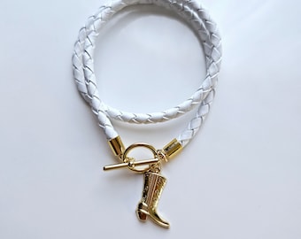 Gold cowboy boot white leather wrap charm bracelet with toggle clasp