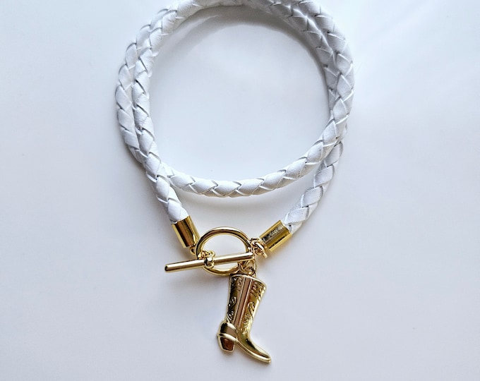 Gold Cowboy boot white leather wrap charm bracelet with gold toggle clasp