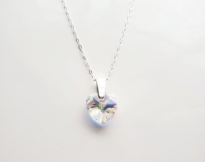 Sterling silver Austrian crystal AB heart pendant on paperclip chain and cute valentine tag with poem