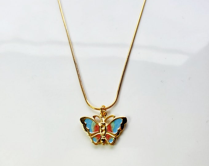 Gold plated multi color enamel butterfly necklace on gold plated snake chain