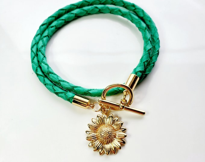 Gold sunflower leather wrap bracelet with gold toggle clasp