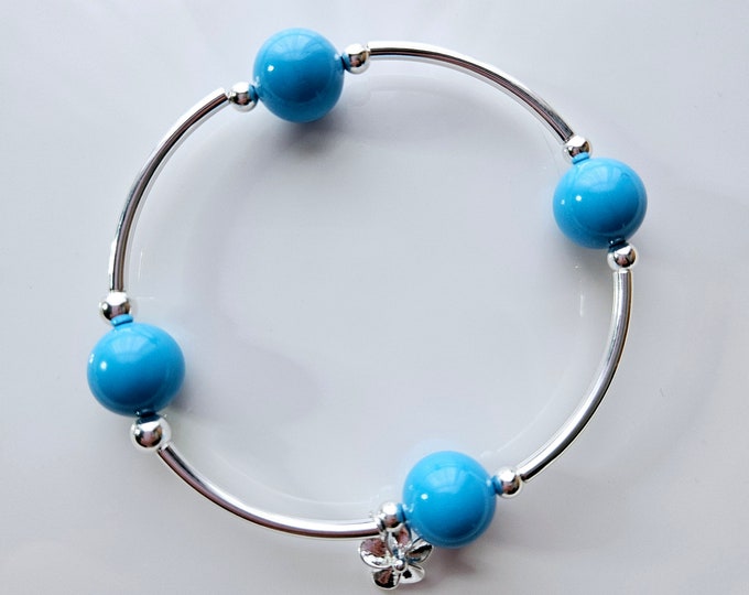 Truly Blessed, count your blessings bracelet with Turquoise Austrian crystal pearls, sterling silver beads and charm.