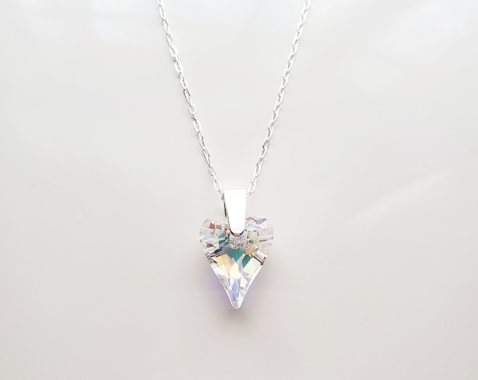 Sterling silver Austrian crystal AB heart necklace on paperclip chain and tag with cute valentine poem.