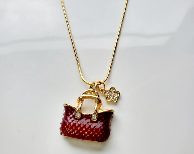 Wine colored handbag necklace on gold plated snake chain