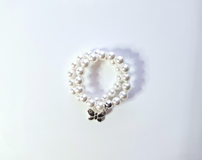 Austrian crystal white pearl stackable beaded ring with sterling silver Butterfly charm.