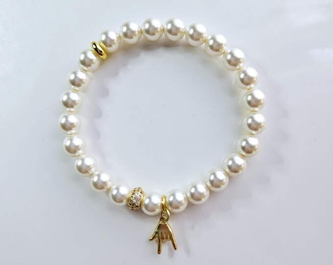 I Love you charm bracelet with white pearls and 14kt gold filled I love you charm.