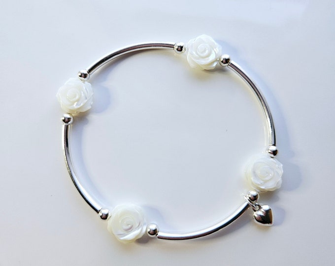 Truly Blessed bracelet with white mother of pearl rose cut gemstone beads and sterling silver beads.