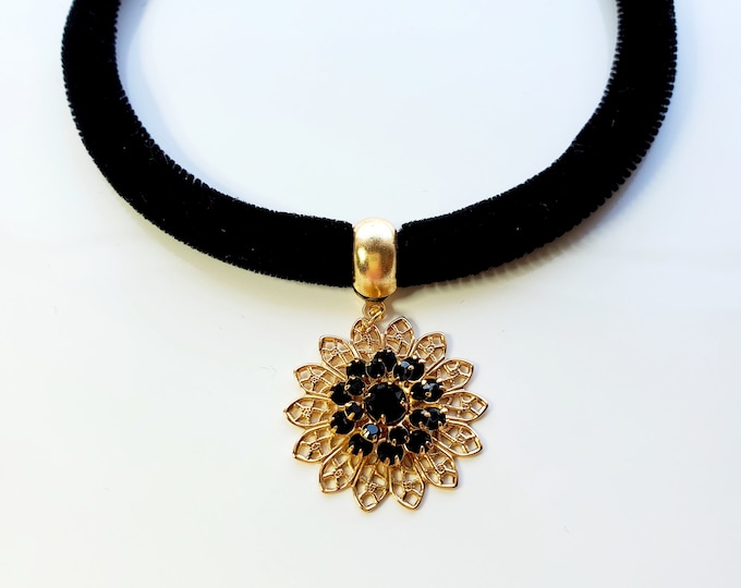 Black velvet choker with Austrian crystal flower