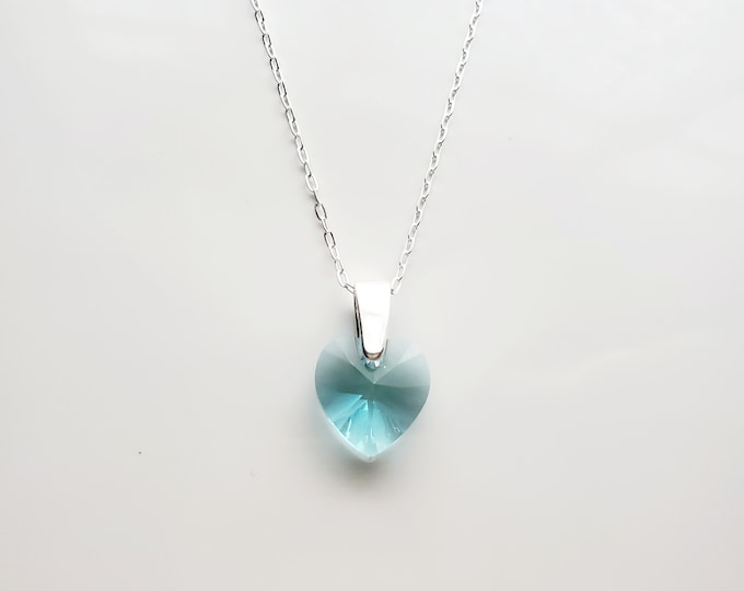 Sterling silver Austrian crystal aqua blue heart pendant on paperclip chain