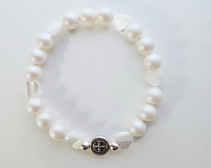 Mother Daughter, Forever Sisters Bracelet with pearlescent white pearls, Mother of pearl hearts and St Benedict protection bead.