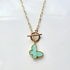 18kt gold plated paperclip chain necklace with mint green Mother of pearl butterfly charm