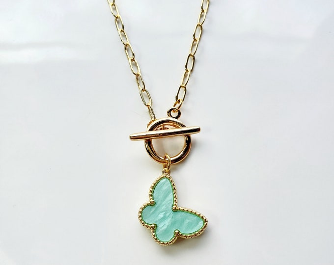 Butterfly charm necklace with mint green Mother of pearl butterfly charm on gold plated paperclip chain