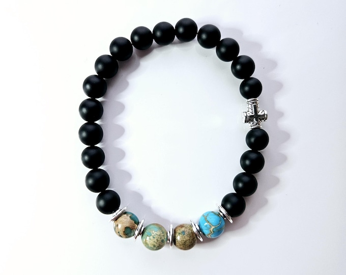 Truly blessed mens bracelet with black onyx and turquoise jasper beads and antique silver cross bead.