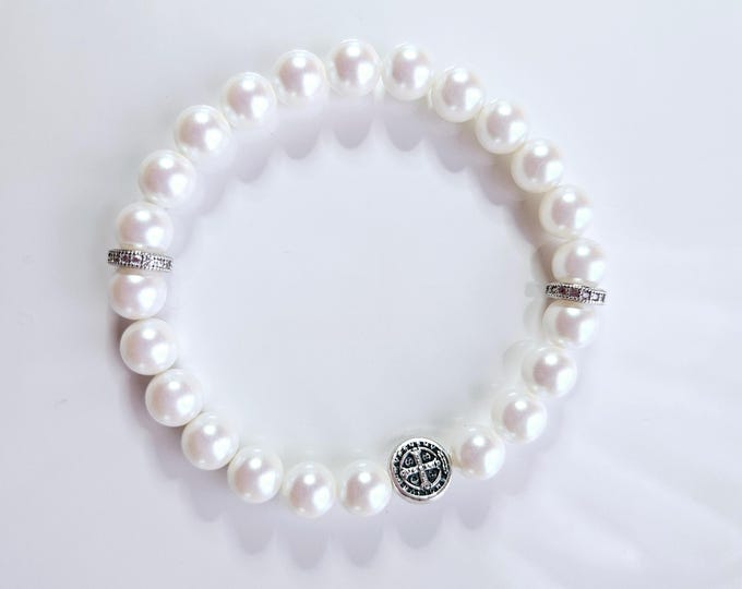 ST. BENEDICT, The Patron Saint of protection with pearlescent white pearls and charm.