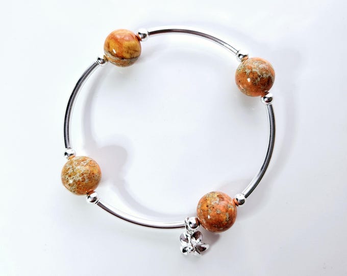 Truly Blessed, count your blessings orange sea sediment imperial jasper gemstone bead bracelet with silver flower charm