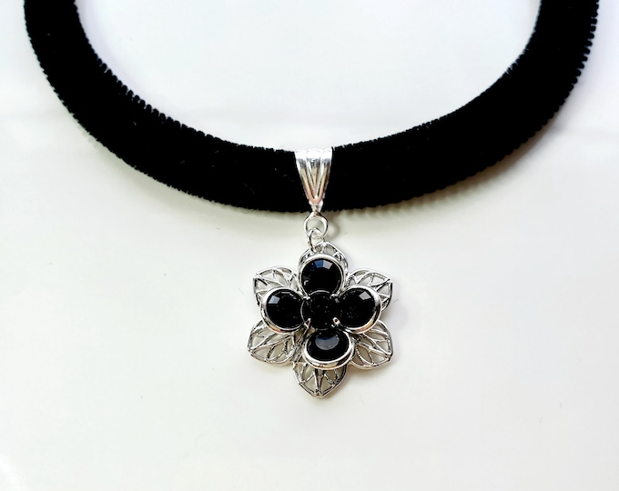 Black velvet choker with Black Austrian crystal flower