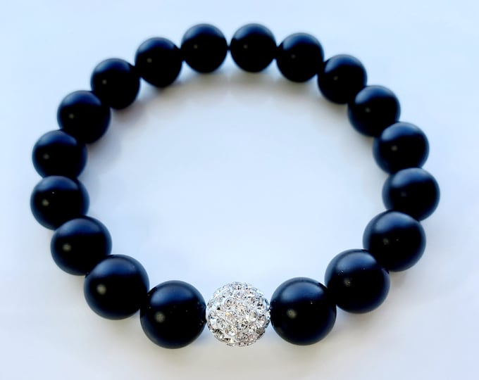 Black onyx bracelet with rhinestone bead
