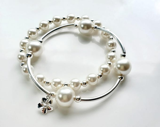 Austrian crystal white pearl "Count your blessings" bracelet duo with sterling silver flower charm
