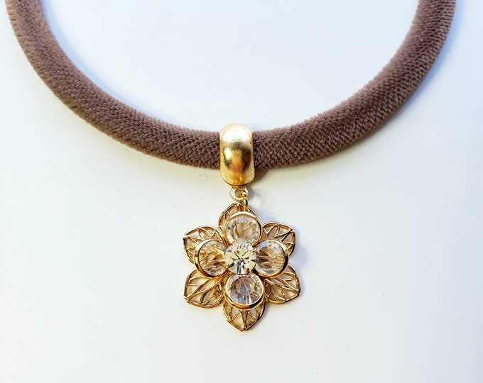 Taupe velvet choker with Austrian crystal flower pendant