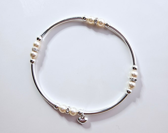 Truly Blessed count your blessings bracelet with Austrian crystal white pearl beads and silver heart charm