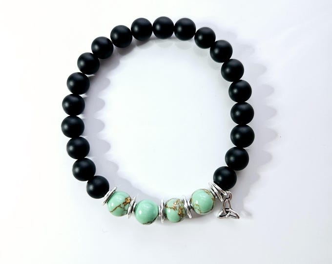 Mens Celtic Blessing bracelet with black onyx beads and trinity knot.