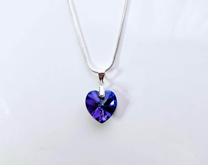 Sterling silver Austrian crystal Amethyst AB  heart pendant on silver snake chain
