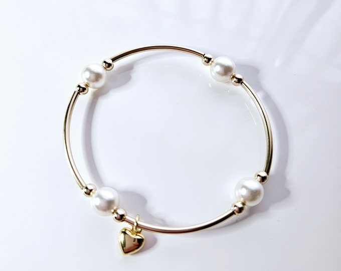 Truly Blessed, count those blessings bracelet with 18kt gold filled beads, white crystal pearls and gold heart charm