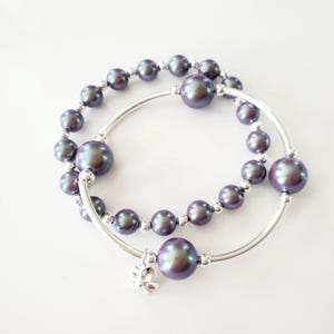 Peacock Blue Austrian Crystal Pearl "Count your blessings" bracelet duo with Sterling Silver Flower Charm