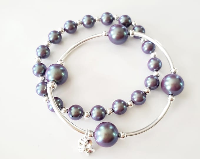 Peacock Blue Austrian Crystal Pearl "Count your blessings" bracelet duo with Sterling Silver Flower Charm