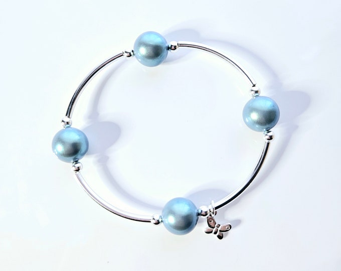 Truly Blessed Butterfly Blessing bracelet, be beautiful like a butterfly with pearlescent blue pearls and silver butterfly charm