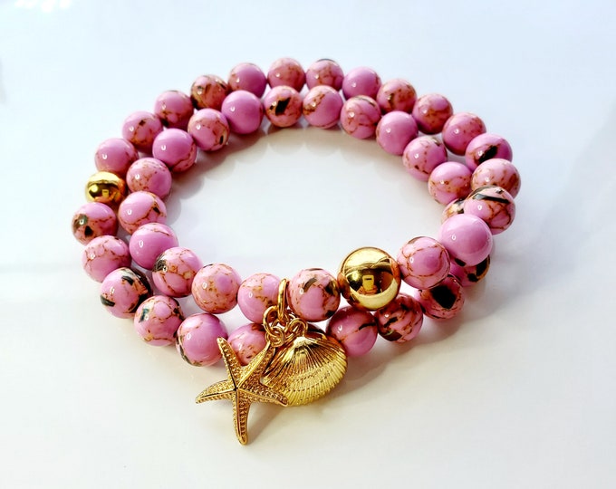 Rose wrap bracelet with shell inlay and gold seashore charms