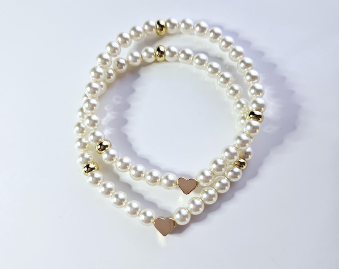mother daughter bracelets with white crystal pearls and 14kt gold filled heart bead.