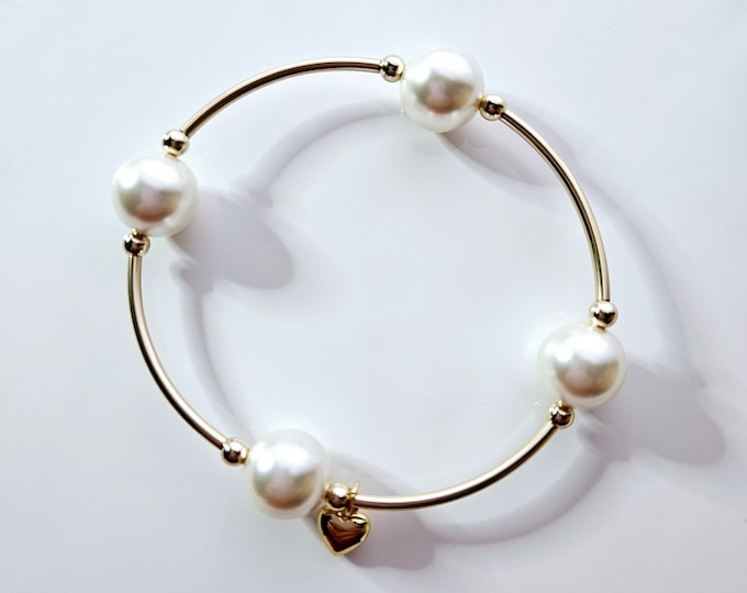 Truly Blessed, count those blessings bracelet with 18kt gold filled beads, white crystal pearls and gold heart charm