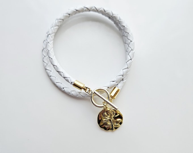 Mary Magdalene rose white leather wrap bracelet