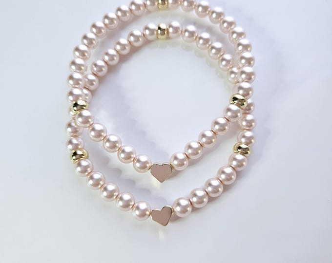 mother daughter bracelets with soft rose crystal pearls and 14kt gold filled heart bead.