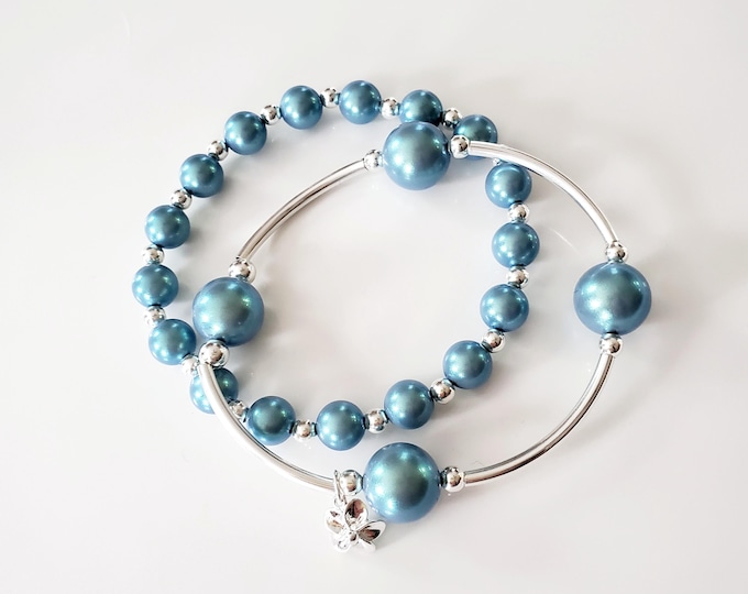 Truly Blessed Mini STACK BRACELET with Austrian crystal pearls and sterling soilver flower charm.