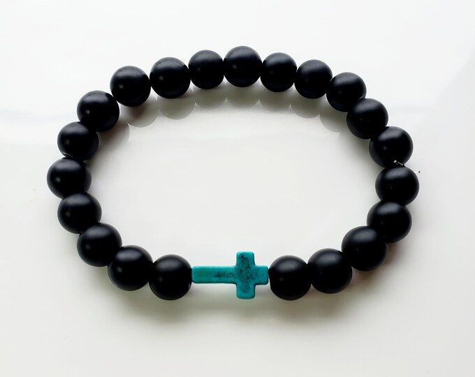 Mens Black onyx and turquoise cross bracelet