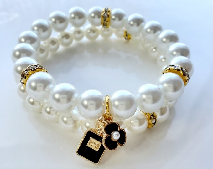 Austrian Crystal Pearl bracelet set with enamel flower and perfume bottle charm