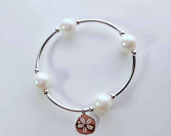 Truly Blessed, count those blessings bracelet with pearlescent white pearls, sterling silver filled beads and sand dollar charm