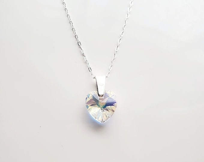Sterling silver Austrian crystal AB heart pendant on paperclip chain with tag with a cute valentine poem