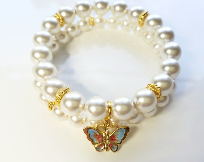 White Preciosa crystal pearl bracelet set with gold plated multi color enamel butterfly charm