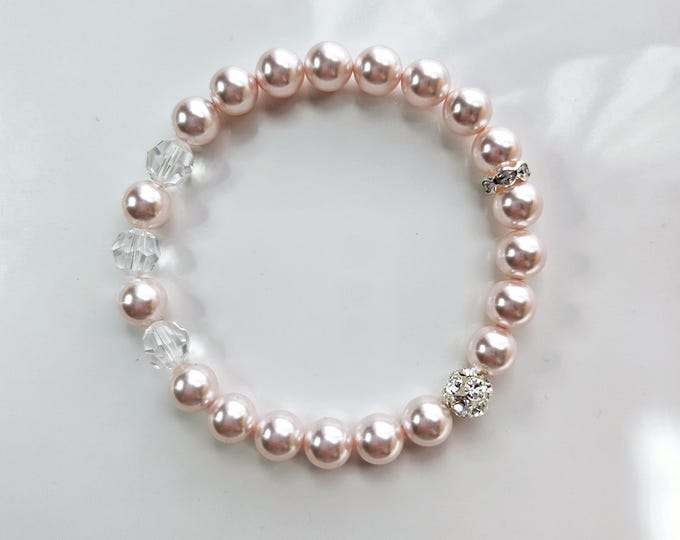 Austrian crystal pearl bracelet with rosaline color pearls and crystal beads
