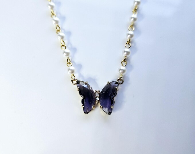 Dk amethyst Butterfly necklace on pearl rosary bead crystal chain