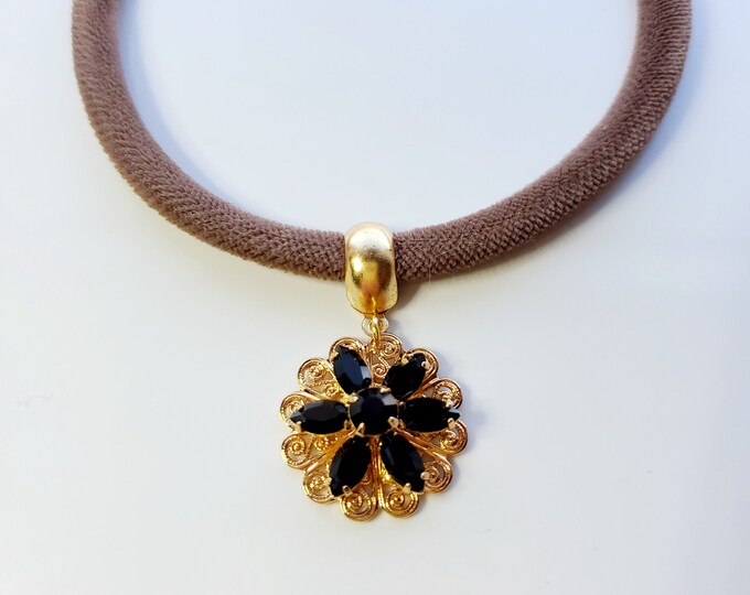 Taupe velvet choker with black Swarovski crystal flower