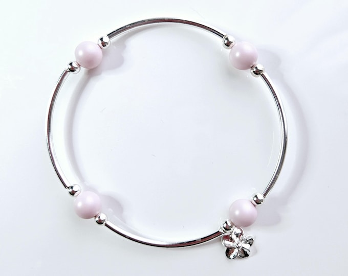 Petal pink "Count your blessings" bracelet with sterling silver beads and flower charm.