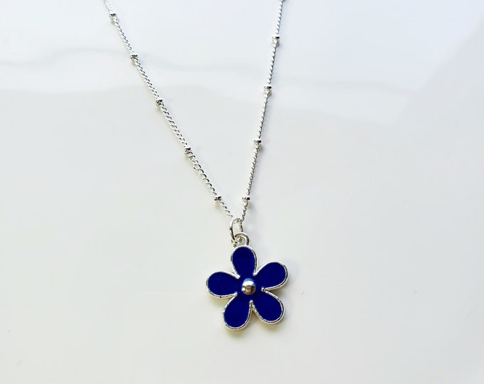 Silver plated and blue enamel forget me not necklace