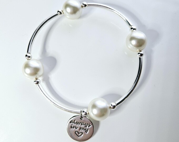 Truly Blessed, count those blessings bracelet with pearlescent white pearls and sterling silver always in my heart charm.