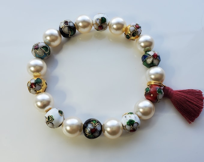 Large Cloisonne bead bracelet with tassel