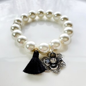 Austrian crystal pearl bracelet with Austrian crystal flower charm and tassel